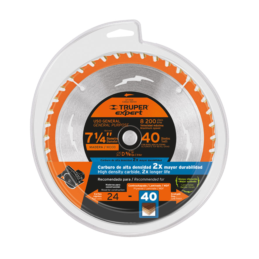 Disco sierra 7-1/4' p/madera, 40 dientes centro 5/8', Expert Caja con 3, 100104