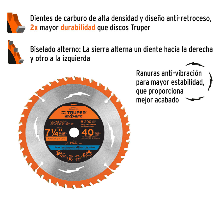 Disco sierra 7-1/4' p/madera, 40 dientes centro 5/8', Expert Caja con 3, 100104