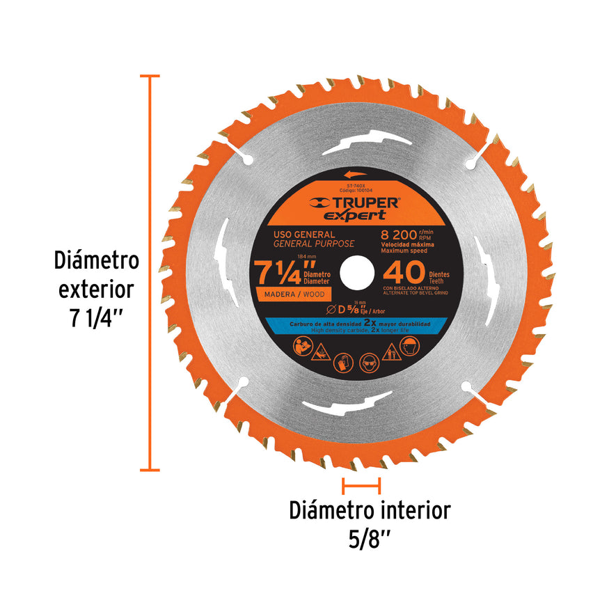 Disco sierra 7-1/4' p/madera, 40 dientes centro 5/8', Expert Caja con 3, 100104