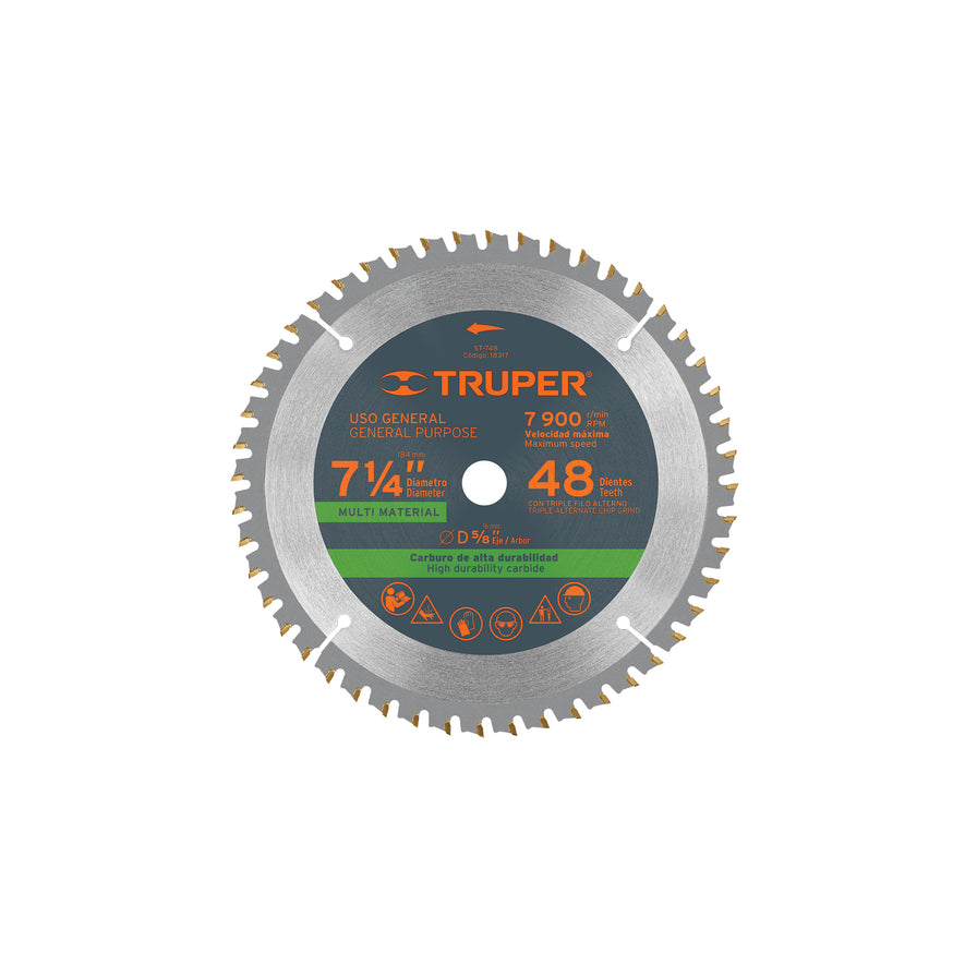 Disco sierra 7-1/4' multimaterial, 48 dientes centro 5/8', 18317