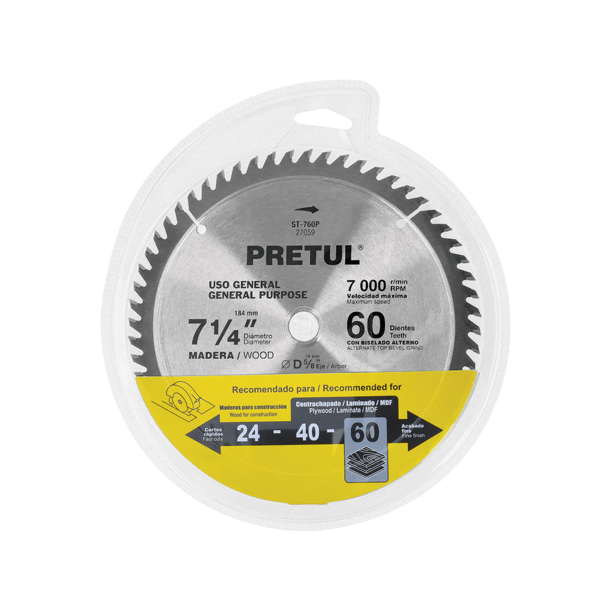Disco sierra 7-1/4' p/madera, 60 dientes centro 5/8', Pretul Caja con 3, 27059