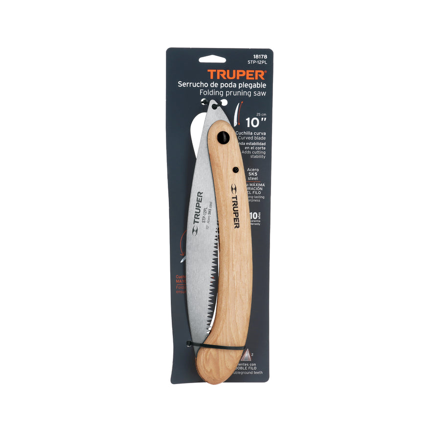Serrucho plegable 10' hoja curva 6 DPP, mango madera, Truper Caja con 3, 18178