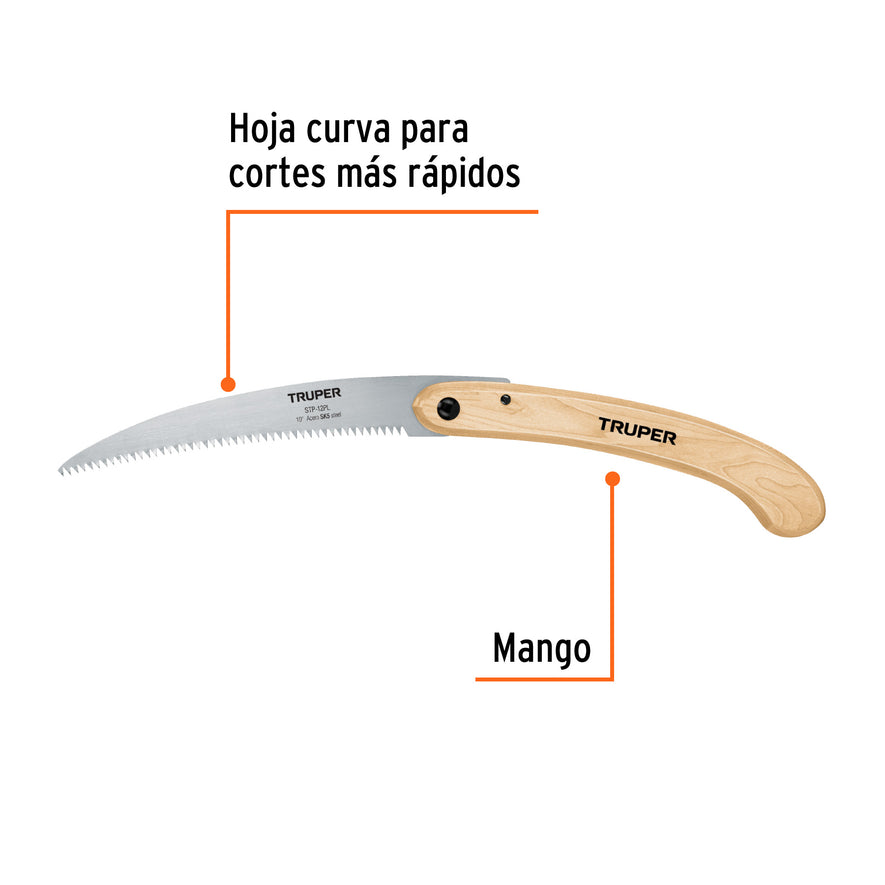Serrucho plegable 10' hoja curva 6 DPP, mango madera, Truper Caja con 3, 18178