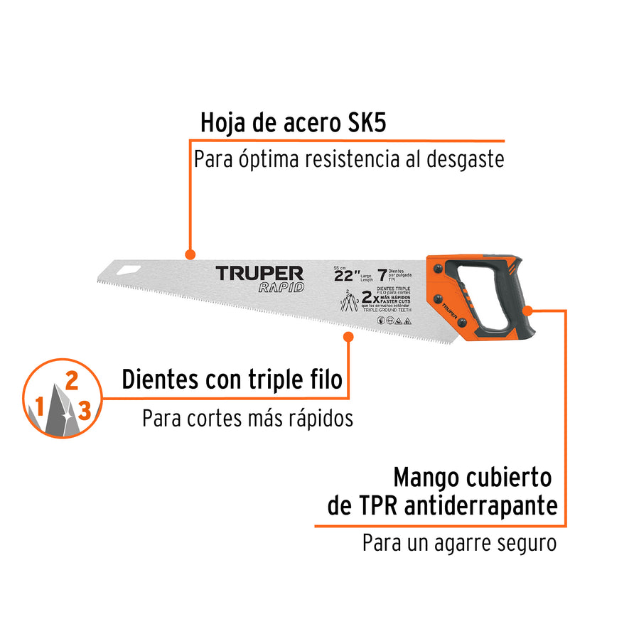 Serrucho Rapid 22', 7 DPP, mango Comfort grip, Truper Caja con 3, 101870