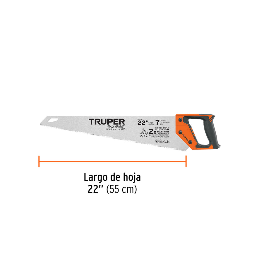 Serrucho Rapid 22', 7 DPP, mango Comfort grip, Truper Caja con 3, 101870