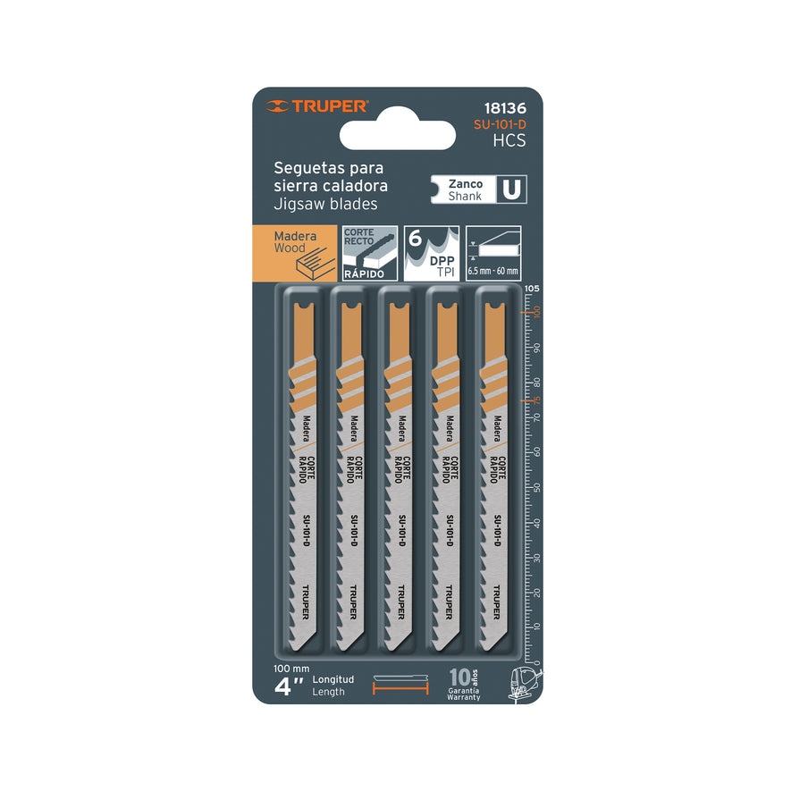 Blíster con 5 seguetas 6 DPP zanco 'U' corte recto madera Caja con 10, 18136