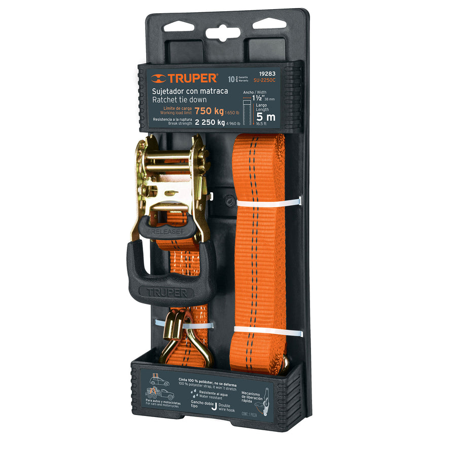 Sujetador con matraca carga máxima 2250 kg, Truper Caja con 2, 19283