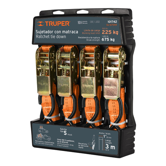 Juego de 4 sujetadores con matraca carga máxima 675 kg Caja con 3, 101742