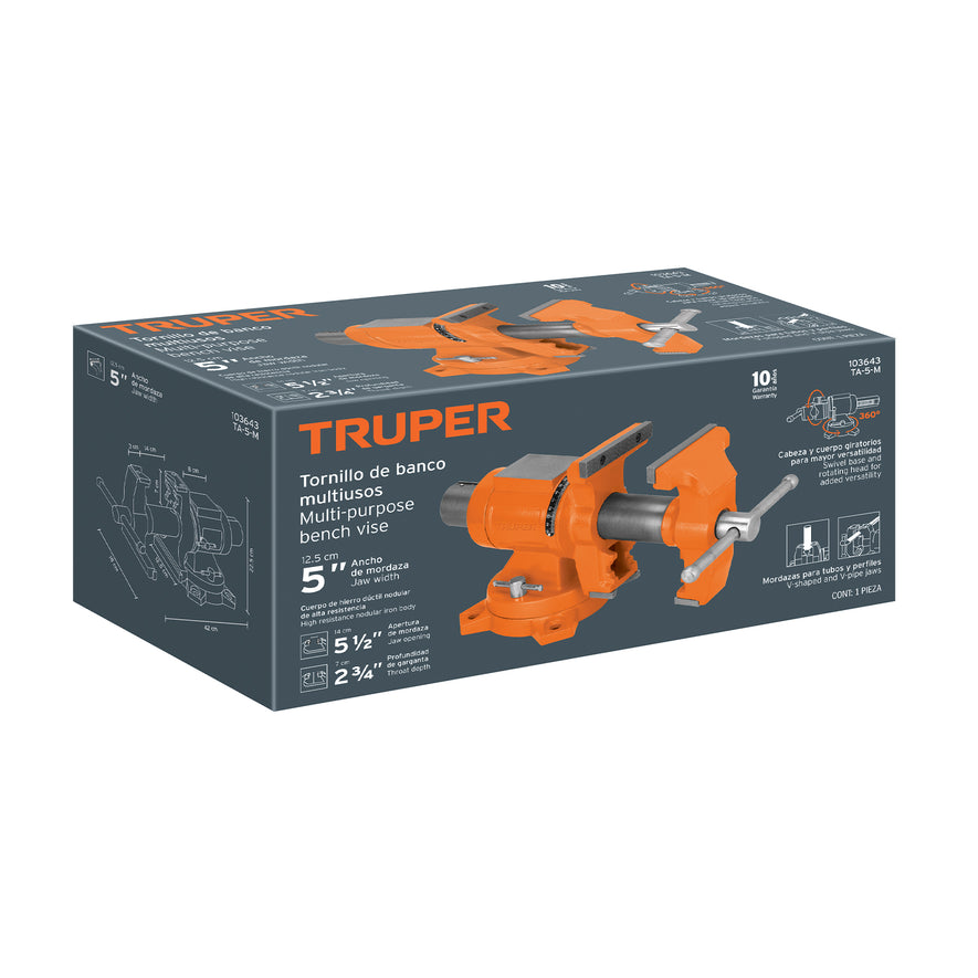 Tornillo de banco 5' multipropósito de hierro dúctil, Truper, 103643