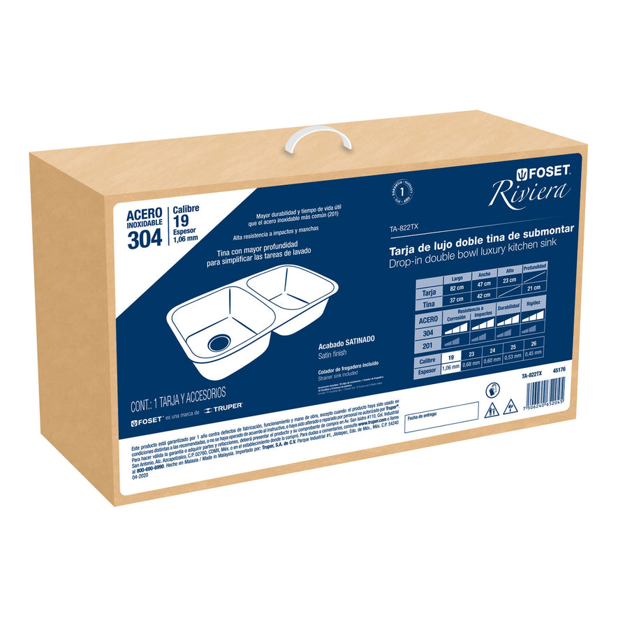 Tarja de submontar 82x47x23cm doble tina, Foset Riviera, 45176