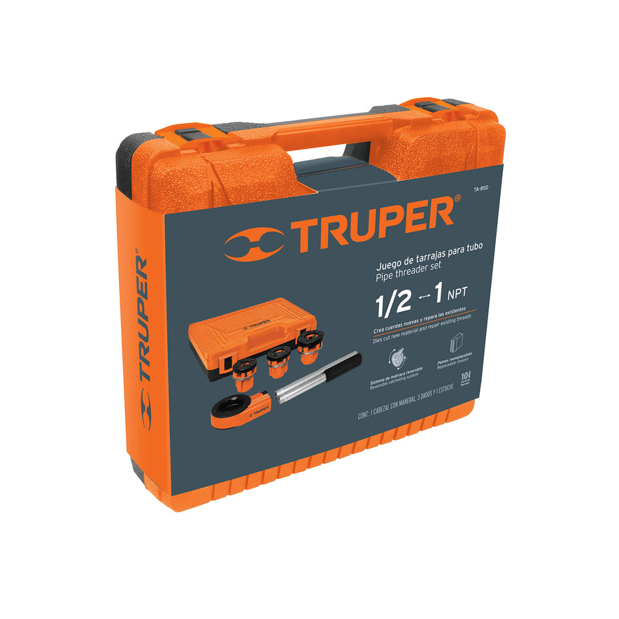 Juego de 4 tarrajas para tubo de 1/2' a 1', Truper, 13070