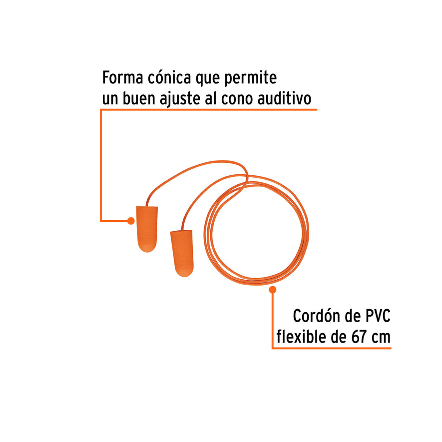 Tapón auditivo desechable de espuma con cordón, Truper Caja con 12, 14223