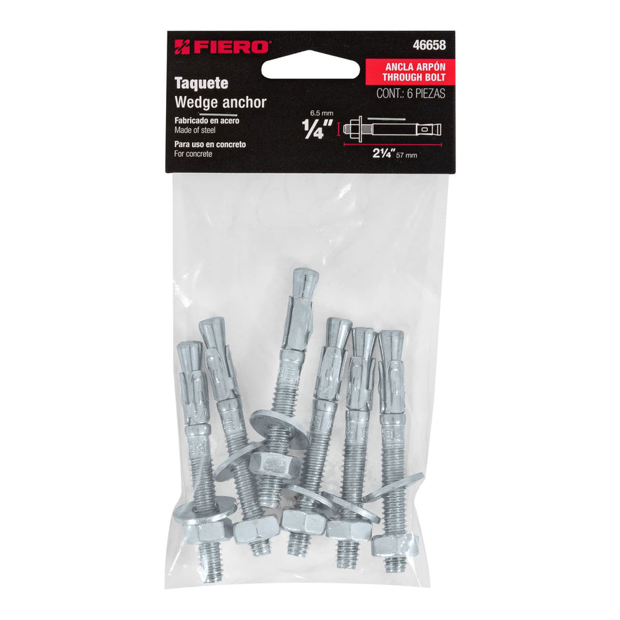 Bolsa con 6 taquetes arpón 1/4' x 2-1/4', Fiero Caja con 6, 46658