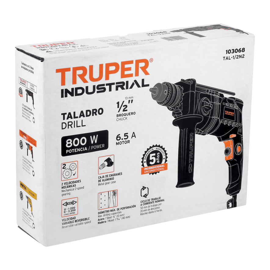 Taladro 1/2', 800W dos velocidades, TRUPER INDUSTRIAL, 103068