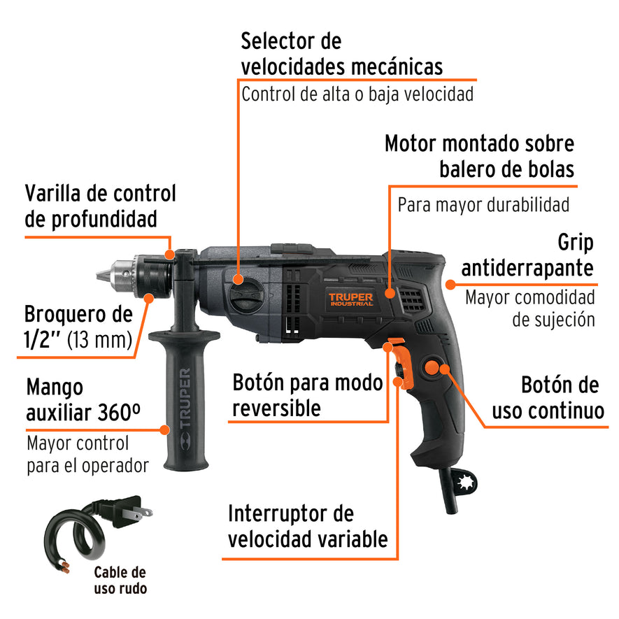 Taladro 1/2', 800W dos velocidades, TRUPER INDUSTRIAL, 103068