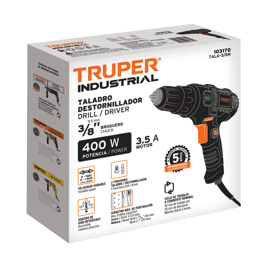 Taladro atornillador 3/8', 400W, TRUPER INDUSTRIAL, 103170