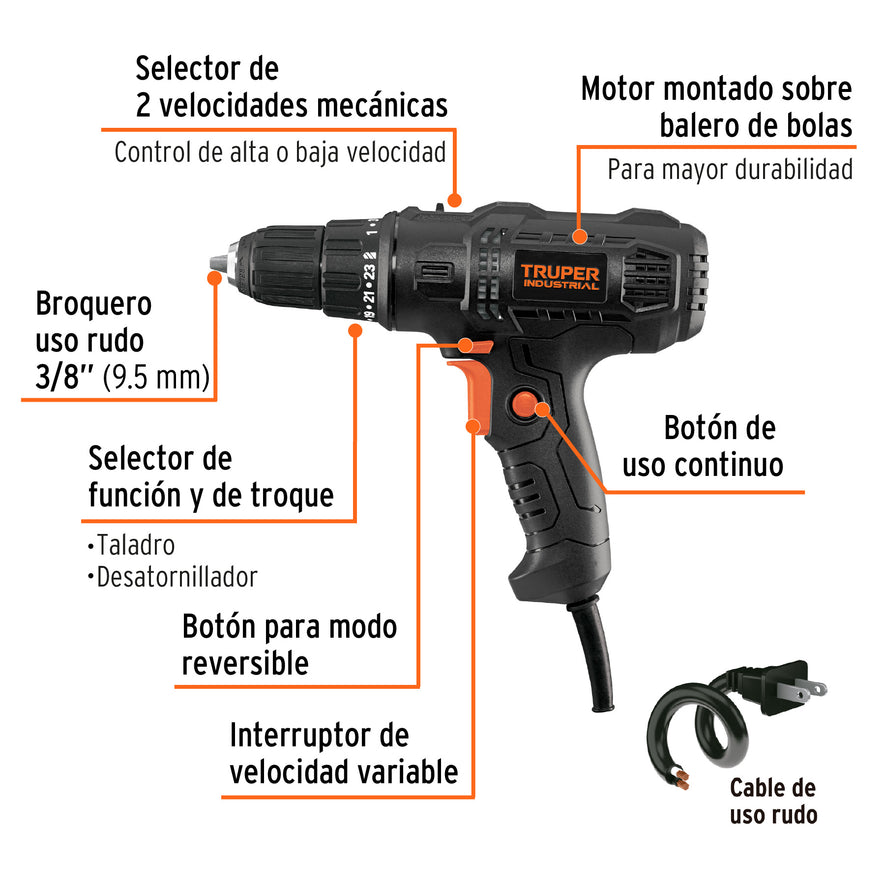 Taladro atornillador 3/8', 400W, TRUPER INDUSTRIAL, 103170