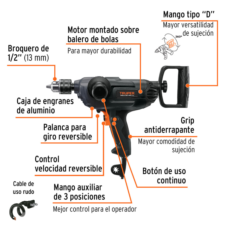 Taladro tipo espada 1/2', 1150W, TRUPER INDUSTRIAL, 16714