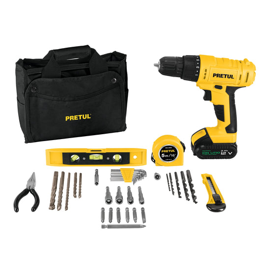 Kit taladro inalámbrico 3/8', 12 V, y accesorios en maleta, 27097