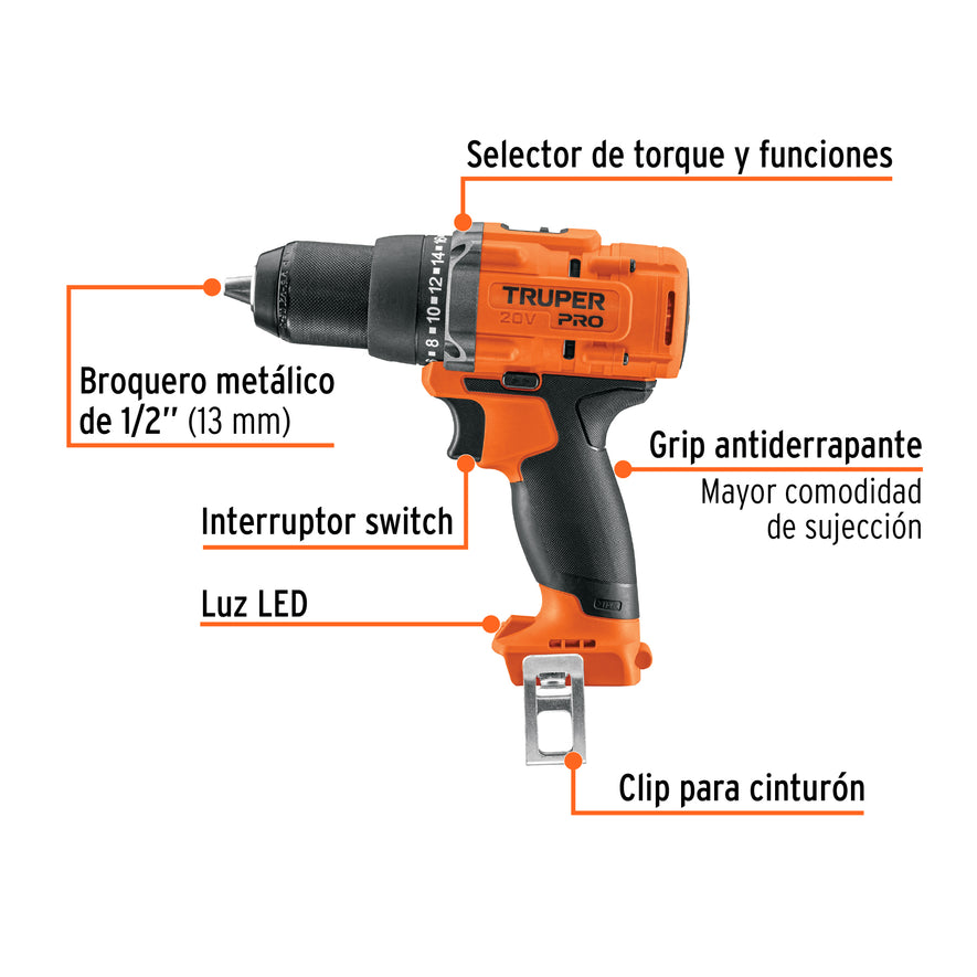 Taladro 1/2', 20V, sin accesorios, PRO, 103250