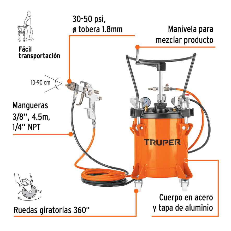 Tanque para pintura con manguera y pistola, 10 litros, 16908
