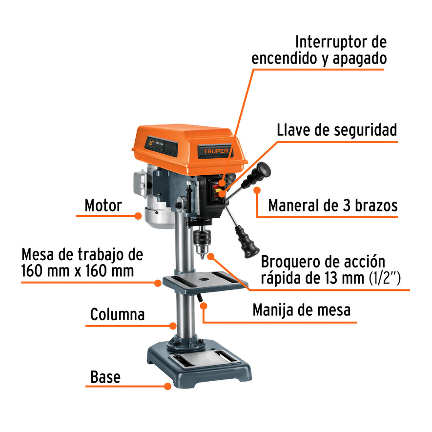Taladro de piso 8', 1/3 HP (250 W), broquero 1/2', Truper, 16174