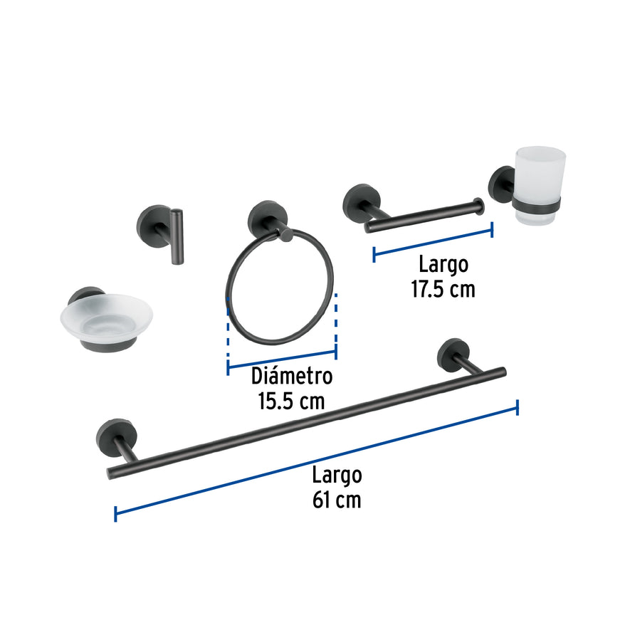 Juego de 6 accesorios para baño acabado negro, Foset Tubig, 47975