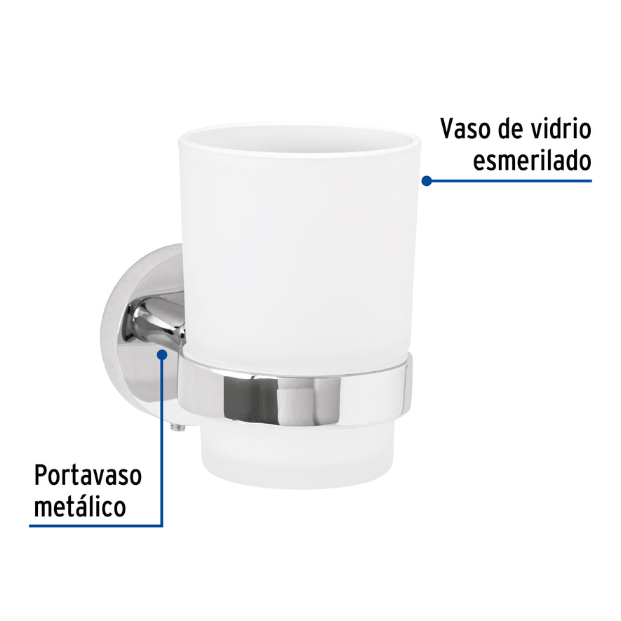Portavaso cepillero cromo con vaso de vidrio, Foset Túbig Caja con 6, 45955
