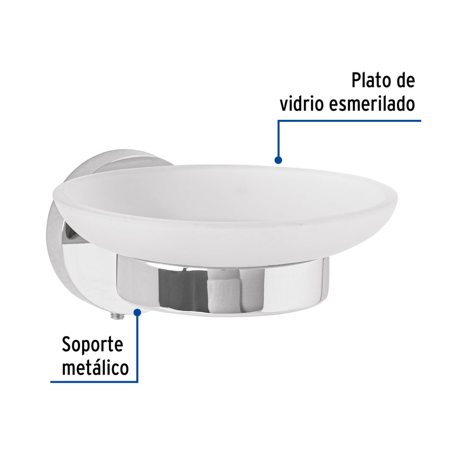 Jabonera metálica cromo con plato de vidrio, Foset Túbig Caja con 6, 45964