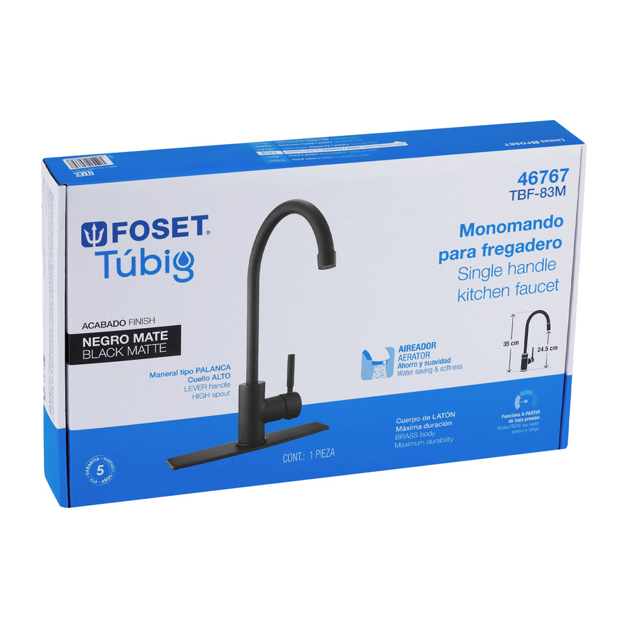 Monomando para fregadero, cuello alto, negro mate, Tubig, 46767