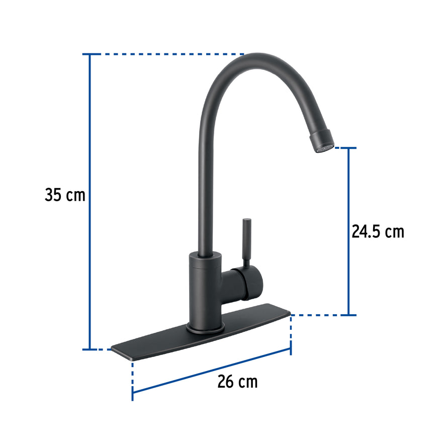 Monomando para fregadero, cuello alto, negro mate, Tubig, 46767