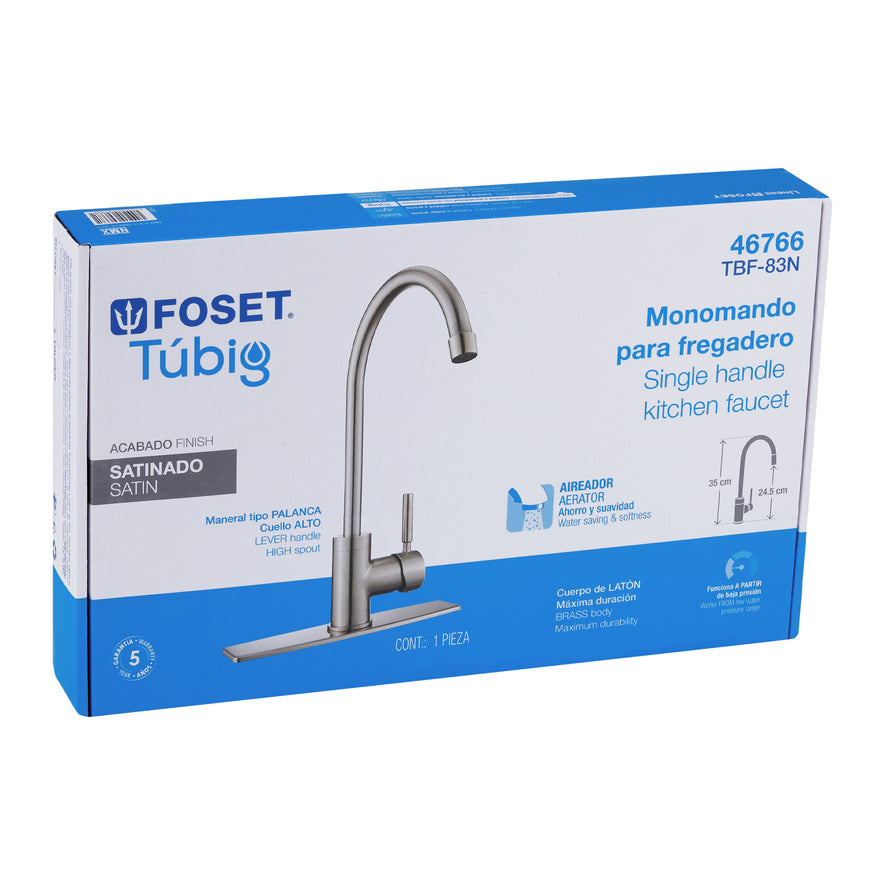 Monomando para fregadero, cuello alto, satín, Foset Tubig, 46766