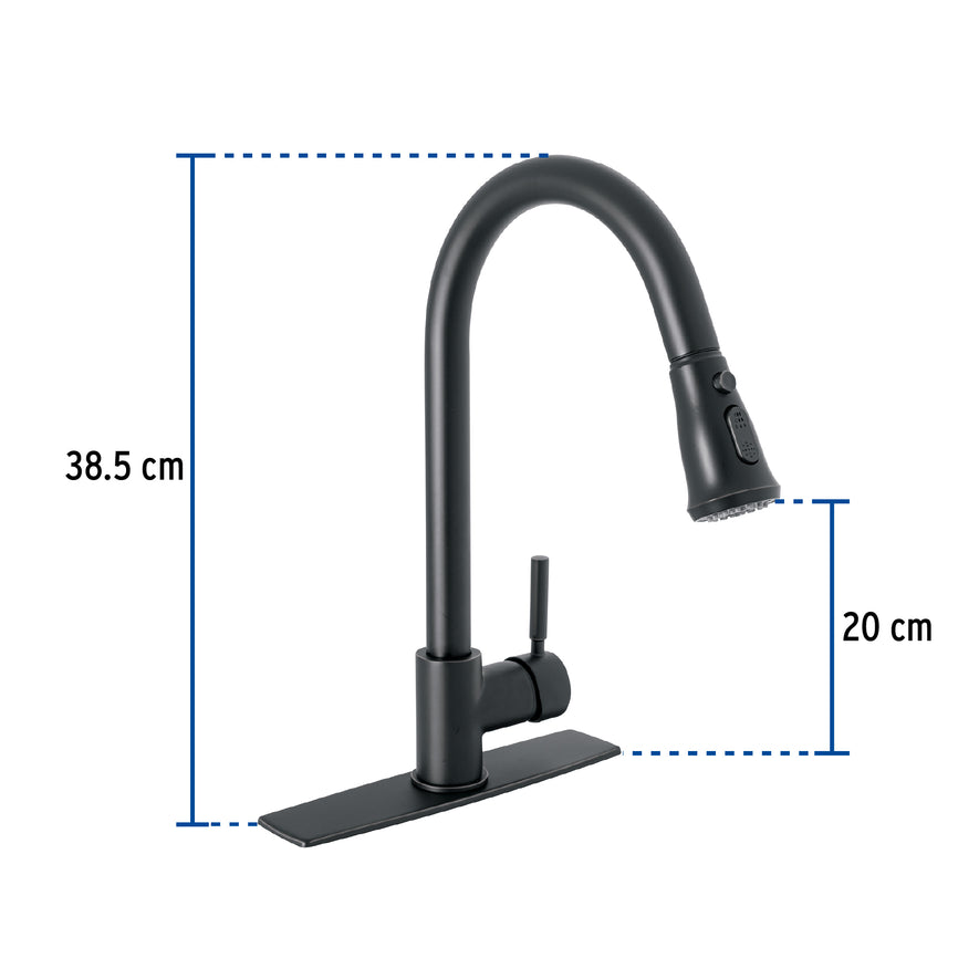 Monomando para fregadero,cuello extraible,negro mate,Tubig, 46770