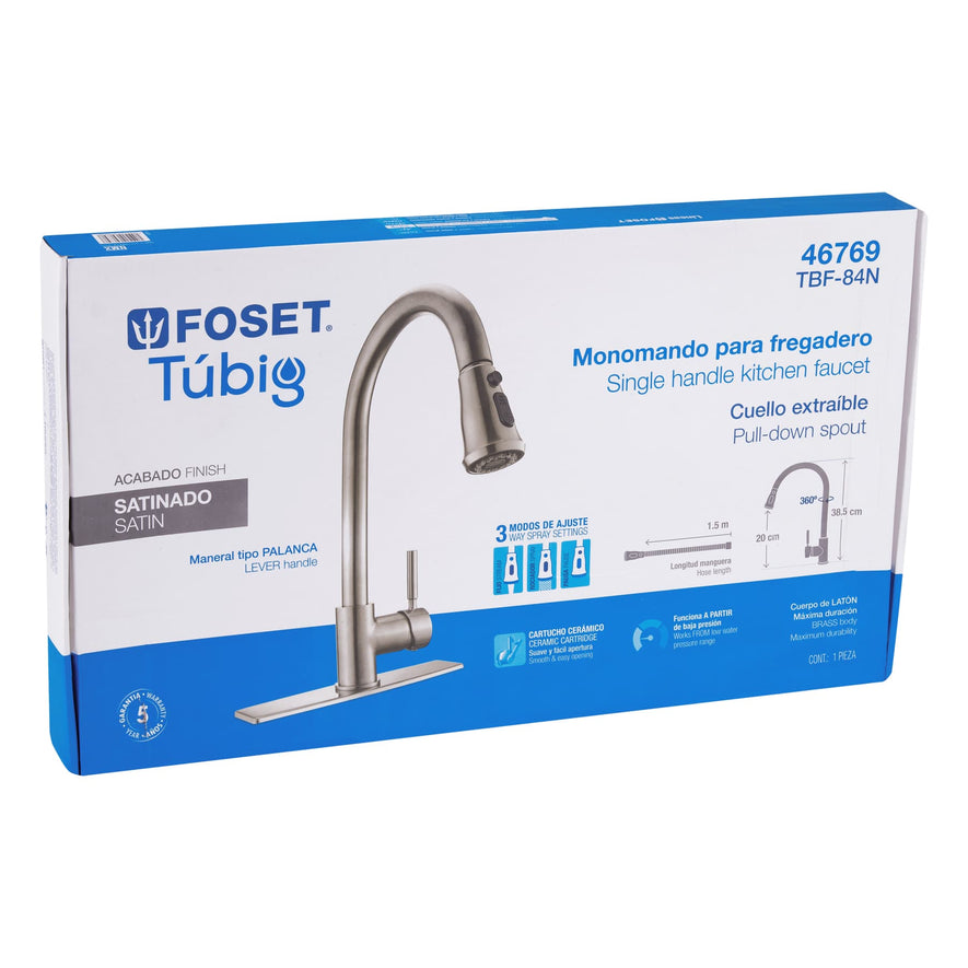 Monomando para fregadero, cuello extraible, satín, Tubig, 46769