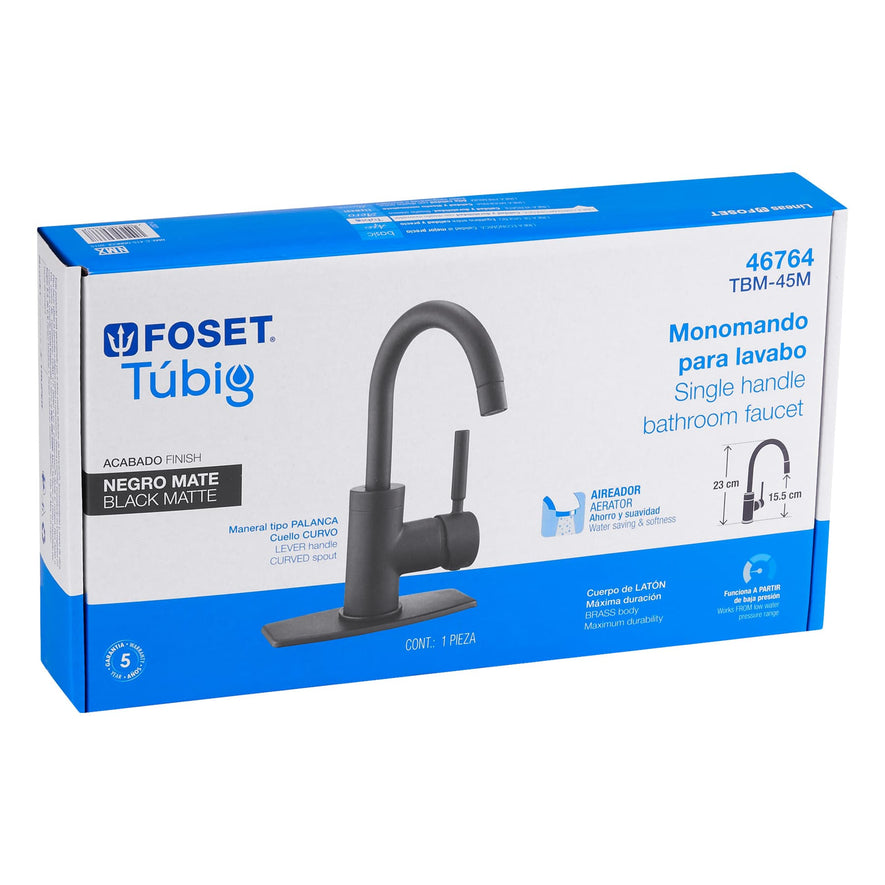 Monomando corto para lavabo, negro mate, Foset Tubig, 46764
