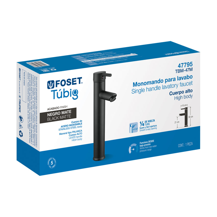 Monomando alto negro para lavabo, Foset Tubig, 47795