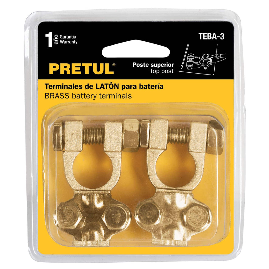 Blíster 2 terminales p/batería, latón poste superior, Pretul Caja con 6, 23042