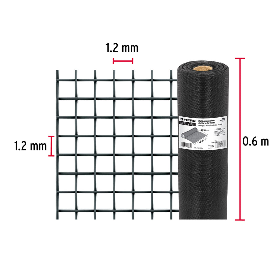 Rollo de 30 m x 0.6 m malla mosquitera fibra de vidrio negra, 44984