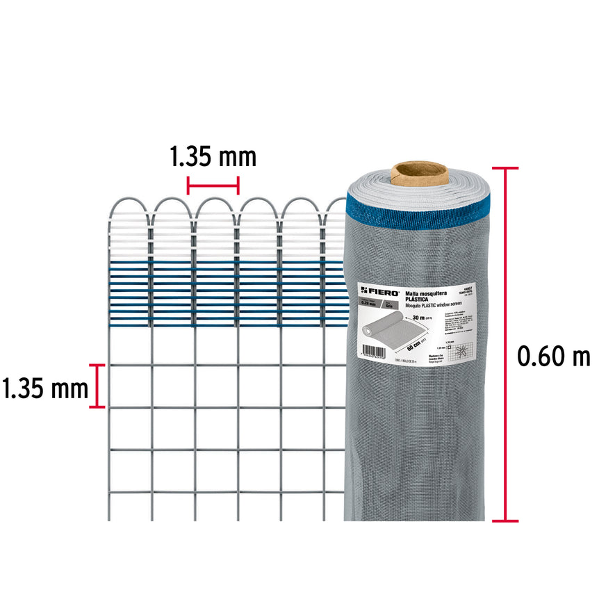 Rollo de 30 m x 0.6 m de malla mosquitera plástica gris, 44957