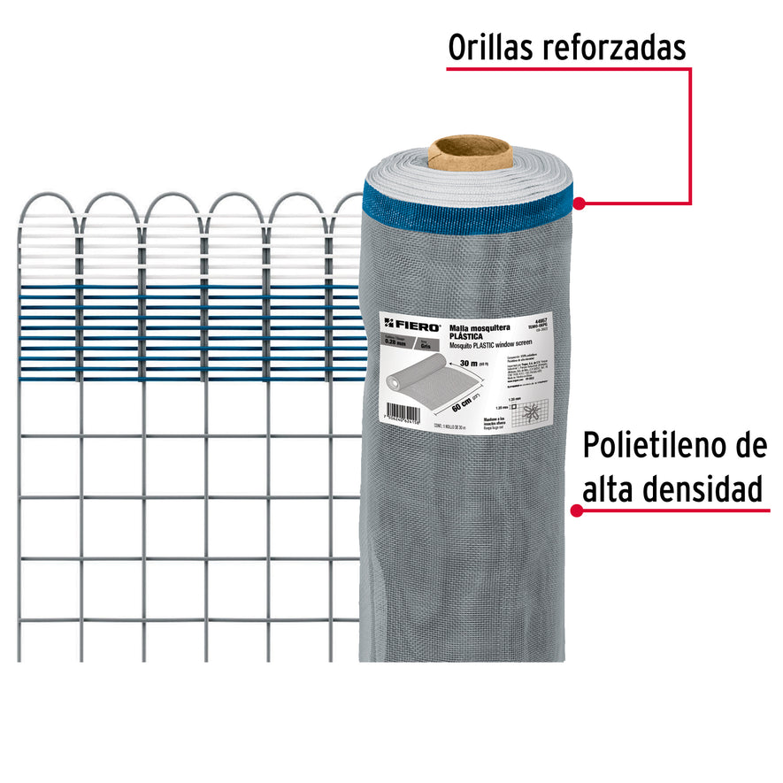Rollo de 30 m x 0.6 m de malla mosquitera plástica gris, 44957
