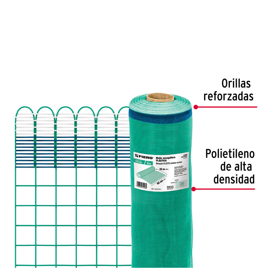 Rollo de 30 m x 0.6 m de malla mosquitera plástica verde, 44950