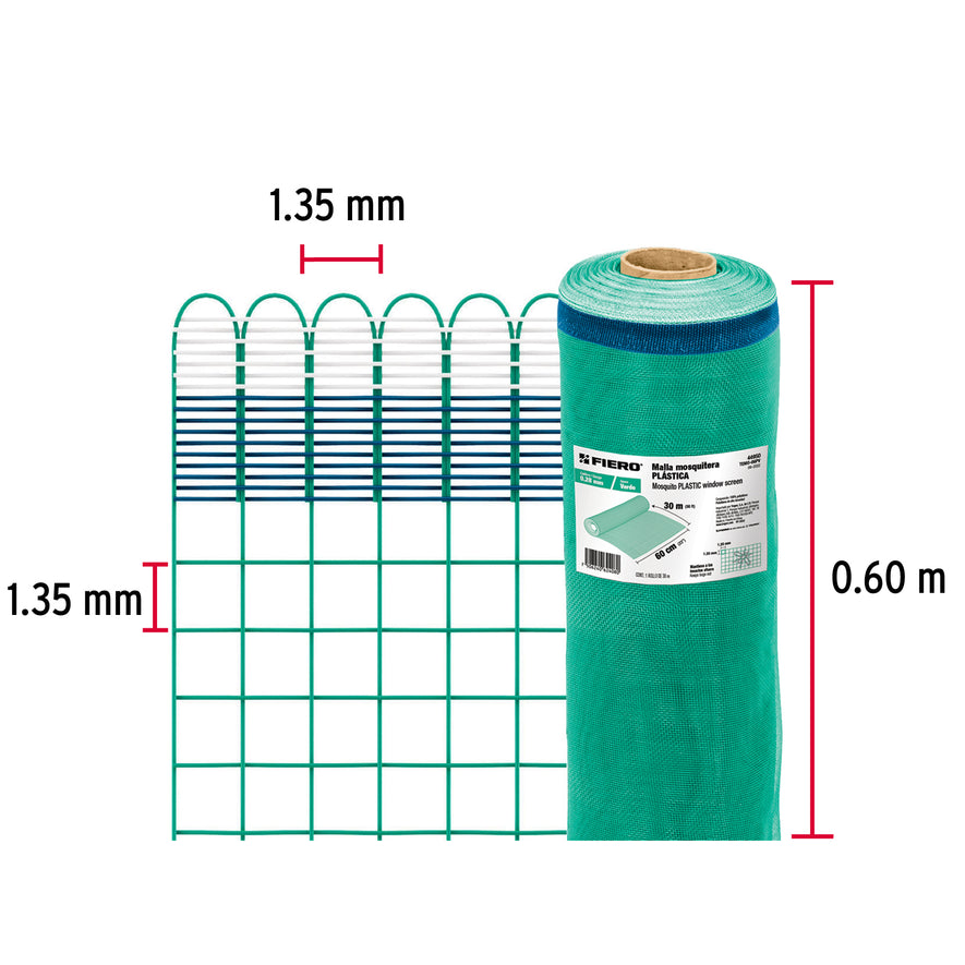 Rollo de 30 m x 0.6 m de malla mosquitera plástica verde, 44950