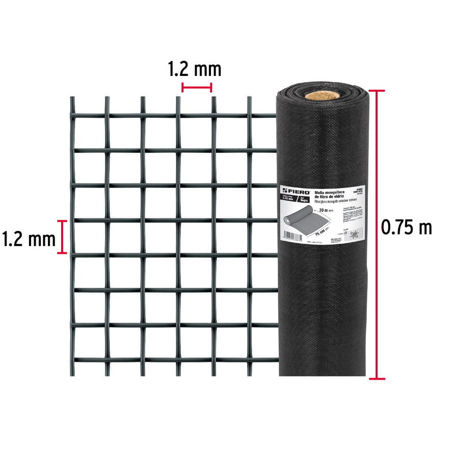 Rollo de 30 m x 0.75m malla mosquitera fibra de vidrio negra, 44993