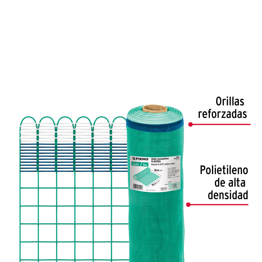 Rollo de 30 m x 0.75 m de malla mosquitera plástica verde, 44951