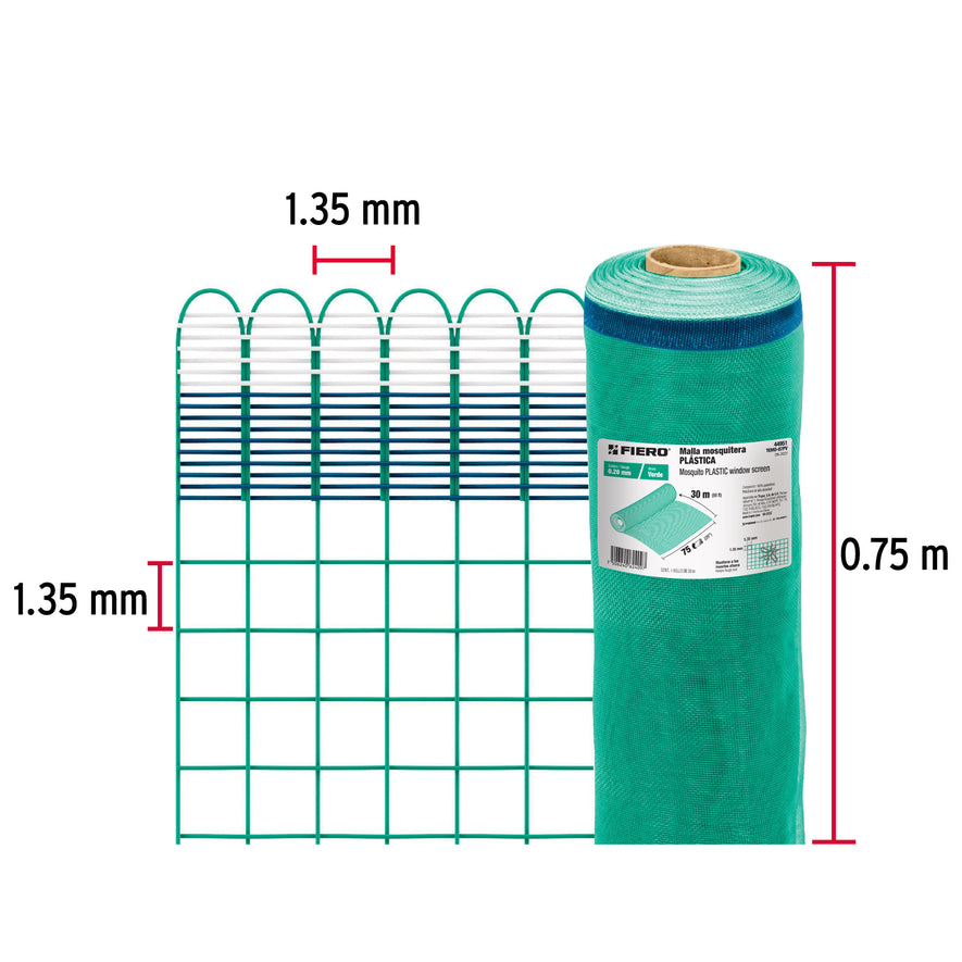 Rollo de 30 m x 0.75 m de malla mosquitera plástica verde, 44951