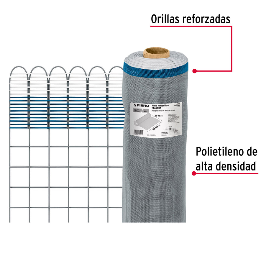 Rollo de 30 m x 0.9 m de malla mosquitera plástica gris, 44959