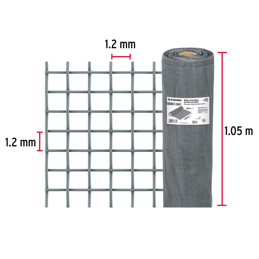 Rollo de 30 m x 1.05 m malla mosquitera fibra de vidrio gris, 44981