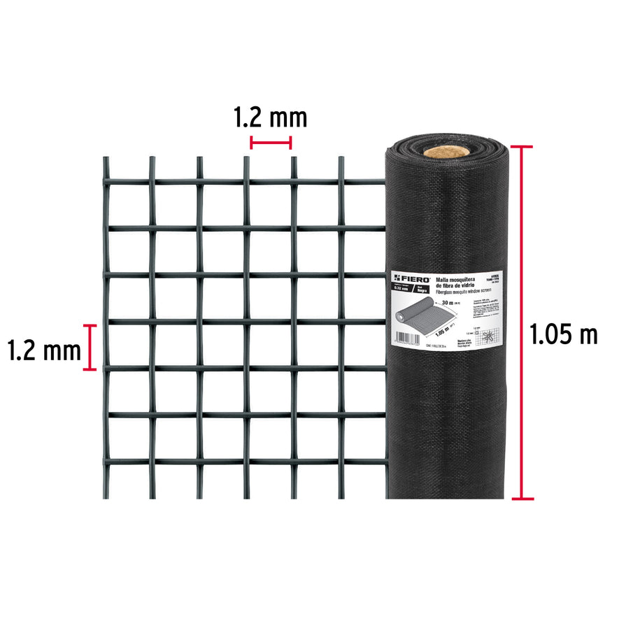 Rollo de 30 m x 1.05m malla mosquitera fibra de vidrio negra, 44995