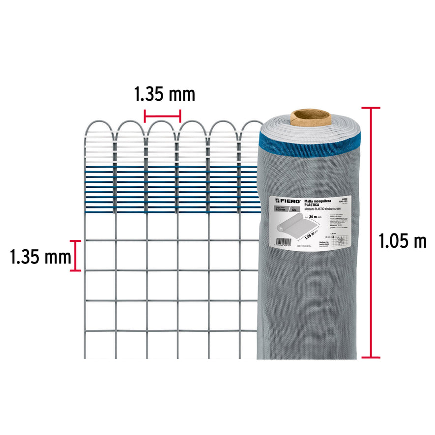 Rollo de 30 m x 1.05 m de malla mosquitera plástica gris, 44960