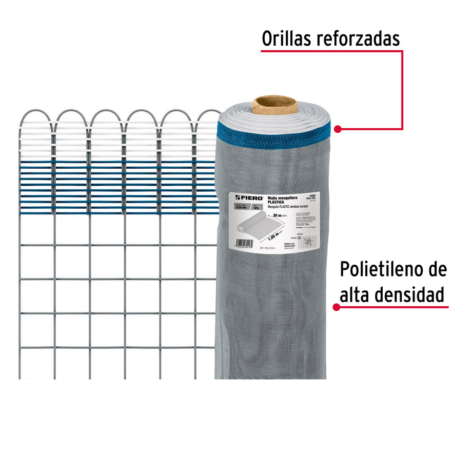 Rollo de 30 m x 1.05 m de malla mosquitera plástica gris, 44960